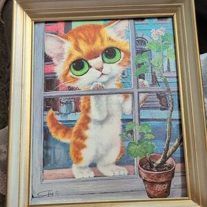 Vintage GIG Pitty Kitty LITHOGRAPH Big Eyes Orange Sad Cat In Frame